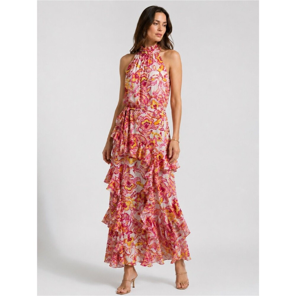 CeCe Floral Chiffon Halter Maxi Dress Tie Waist Tiered Ruffle Pink Orange 10 NEW